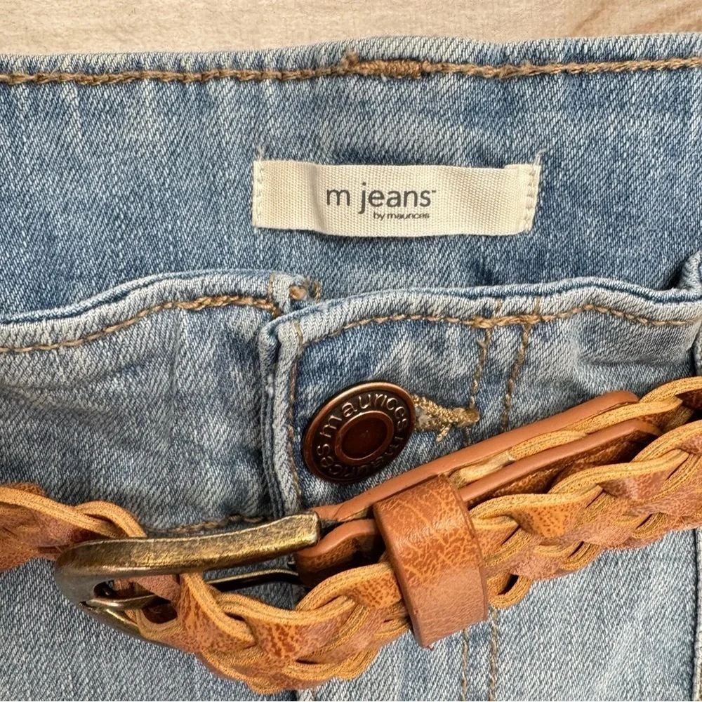 M Jeans Light Wash Denim Jean Shorts Patch Pockets Faux Leather Braided Belt